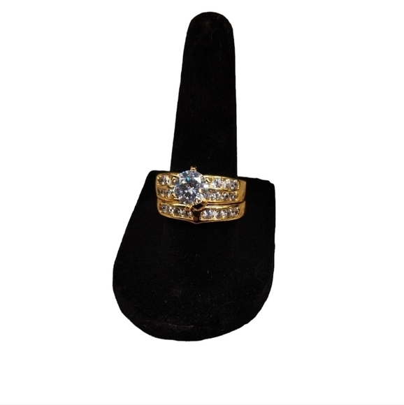 18k Gold Plated Simulated Diamond Engagement Set, 2.3ct Total Weight, Size 8